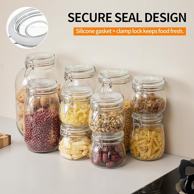 3 Pack 68oz Food Storage Jars with Airtight Lids, Preserving Seal Wire Clip Fastening Glass Containers, Canisters for Kitchen Organization, Flour, Cereal, Pasta, Sugar, Beans, Pickling Jars(68 Oz*3)