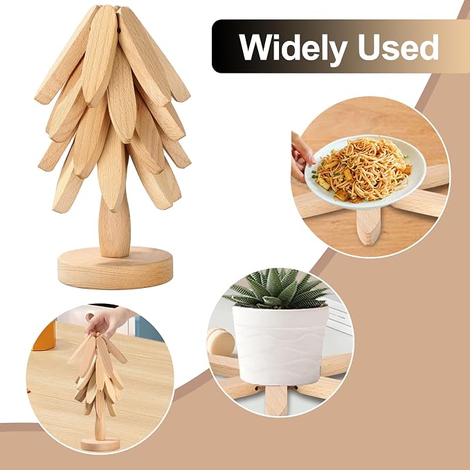 Wooden Trivets for Hot Dishes, Tree Shape Set, 4 Wooden Trivets + 1 Stand Stored Like a Christmas Tree, Beech Wood Trivet for Hot Pots, Pans, Bowl, teapot 2 Pack Christmas Decoration
