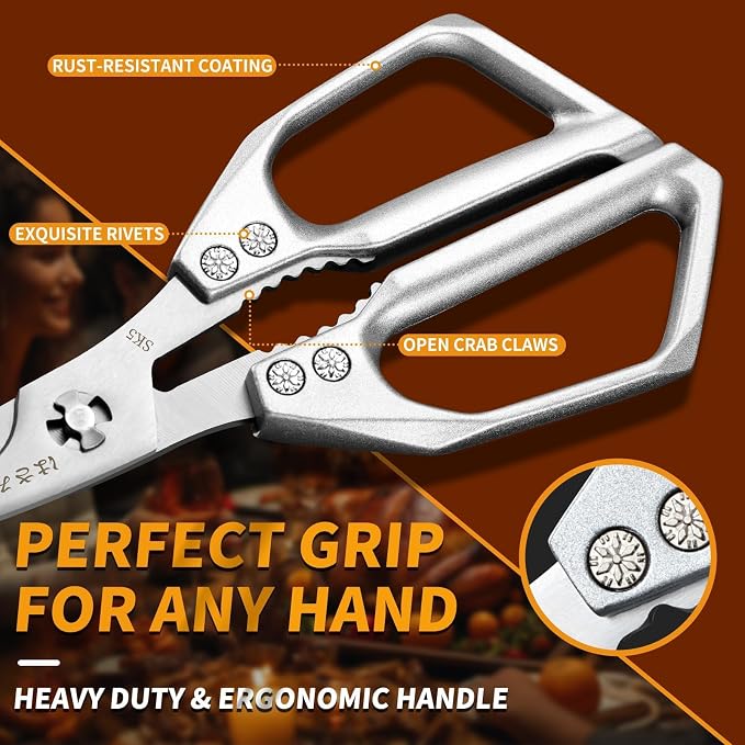 Huusk Kitchen Shears Set Silver - Professional Seafood & Kitchen Scissors Set, Sharp Japanese-Style Cooking Scissors for Crab, Shrimp, Lobster, Herbs and Food Prep, Gifts for Men Women