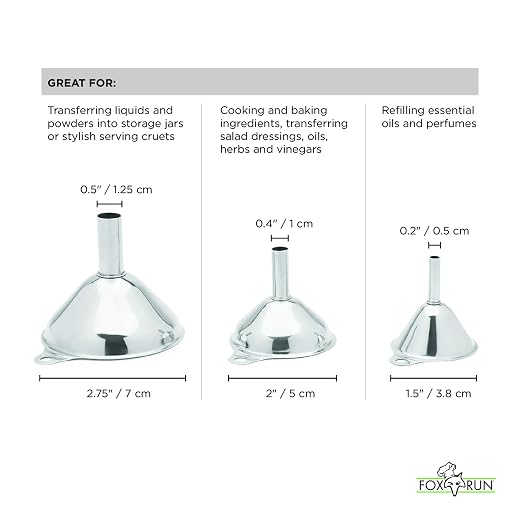 Fox Run Metal Kitchen Funnel Set, 3", 2", and 1.5" Stainless Steel Funnels