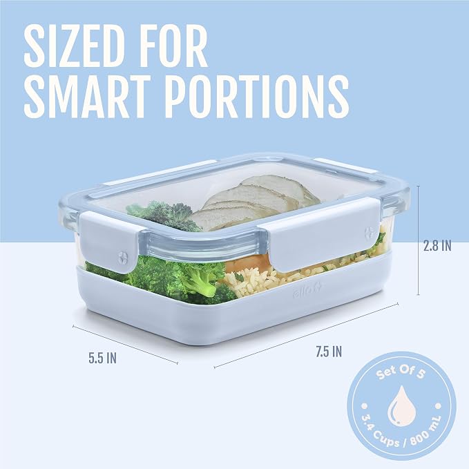 Ello Duraglass Refresh 3.4 Cup Meal Prep Containers, 10 Pc, Halogen Blue | Glass meal prep container set with silicone boots, airtight leakproof BPA-free lids, microwave, freezer & dishwasher safe