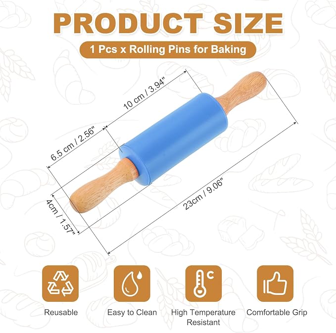 uxcell Rolling Pins for Baking, 9 Inch Silicone Non-Stick Rolling Pin Baking Roller Wooden Handle for Home Kitchen Dough Cookies Pastry, Blue