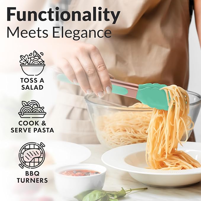 Zulay Stainless Steel Kitchen Tongs with Silicone Tips - Set of 2 (9” & 12”) Locking Cooking Tongs with Non-Slip Grip - Heat Resistant, BBQ Food Tongs for Non-Stick Cooking Pans (Rose Gold/Mint)
