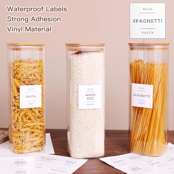 CZZGSM 3 Pack Square Kitchen Storage Jars with Airtight Bamboo Lids and 132 Pantry Labels - 80oz Glass Canisters with Wood Lids - Food Storage Containers for Spaghetti, Pasta, Fettuccine