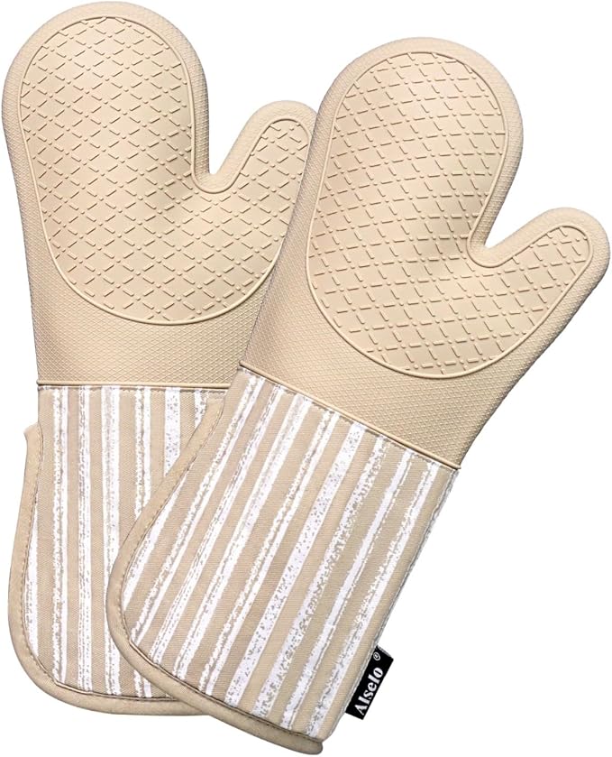 Alselo Silicone Oven Mitts Heat Resistant 932℉ with Waterproof & Non-Slip Kitchen Mittens, Set of 2 Extra Long Oven Gloves with Soft Cotton Terry Lining for Baking Cooking Barbecue (Khaki, 2)