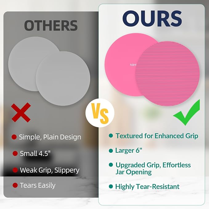 NiHome Silicone Jar Opener Gripper Pads, 6 in for Seniors, Pink Series, 4PC | Textured Back Pattern For Superior Grip, Food-Grade Silicone, Heat-Resistant Multi-Use Kitchen Pad For Jars, Pots, Spoons