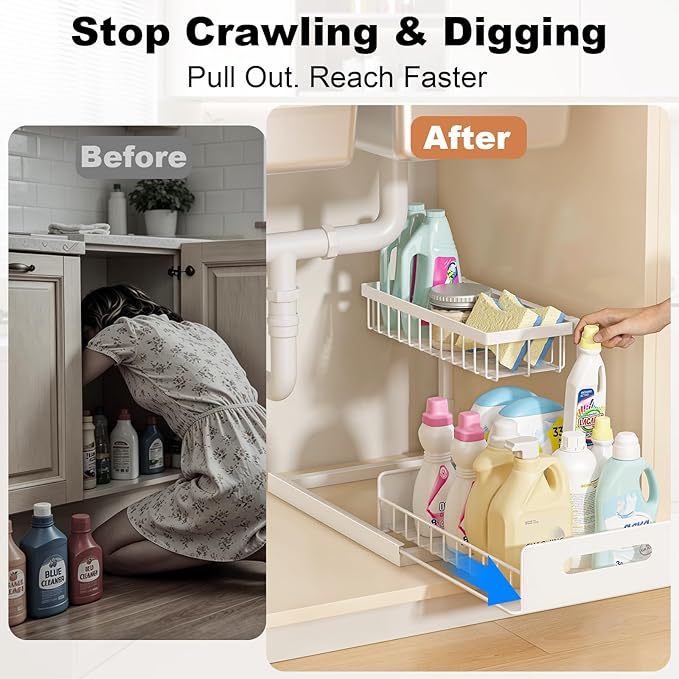 Under Sink Organizer, L-Shaped 2 Tier Pull Out Cabinet Organizer | Slide Out Sink Shelf Cabinet Storage Shelves, Under Sink Storage for Kitchen Bathroom Cabinet, White, 1 Pack