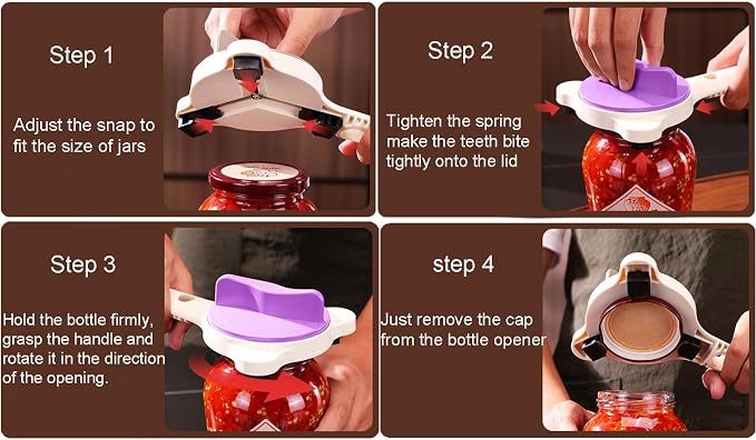 4-in-1 Multi-Functional Retractable Jar & Bottle Opener, Adjustable Stainless Steel Jar Opener for Seniors & Arthritis Sufferers,Suitable for 1''-3.5'' Jars, Bottles, Cans,Beer Caps (Purple)