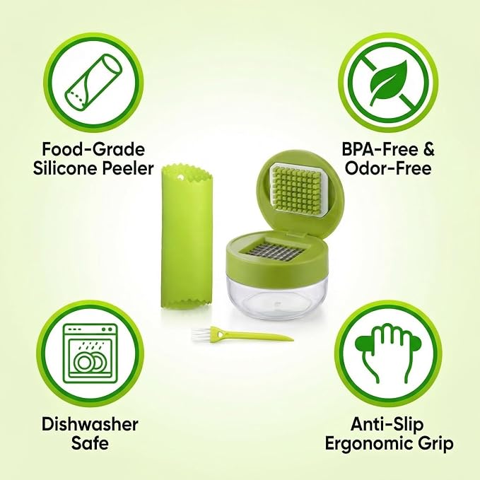 3-in-1 Garlic Press Set, Stainless Steel Garlic Mincer with Silicone Peeler and Brush, Efficient Garlic Crusher Chopper for Kitchen, Ginger, Vegetables (Green)