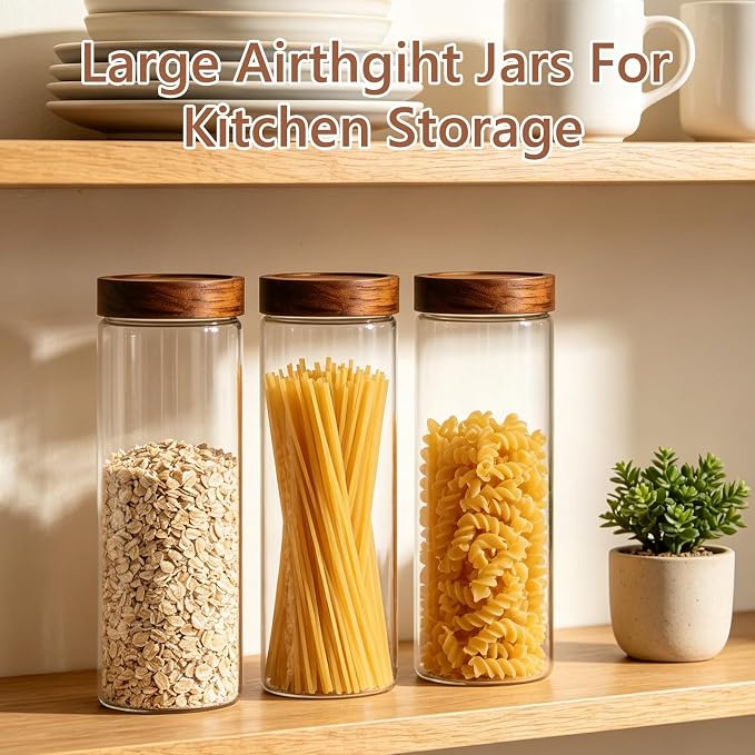 KEYWING 64oz Pasta Storage Containers with Lids, Glass Spaghetti Containers | 3Pcs 11.4” Tall Food Storage Jars with Airtight Acacia Wood Lid, Pantry Organizers for Cereal, Bread-sticks, with 126 Labels