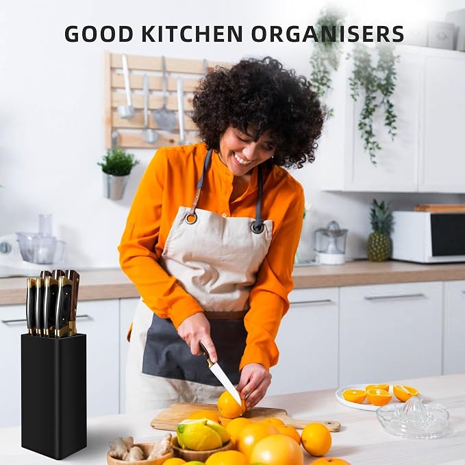 Knife Holder Without Knives Square, Empty Knife Blocks Black, Knife Holder with Flexible Slats, Universal Knife Stand for Kitchen, Kitchen Knife Storage, 22 x 9.5 x 9.5 cm
