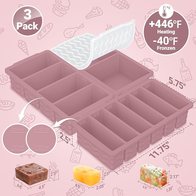 3-Pack Silicone Freezer Trays with Lid,2 Large 2-Cup(500ml)&4 Medium 1-Cup(250ml)&6 Small 1/2-Cup(125ml) Soup Freezer Container Molds,Ice Cube Tray For Meal Prep&Freezing Soup,Stews,Sauces