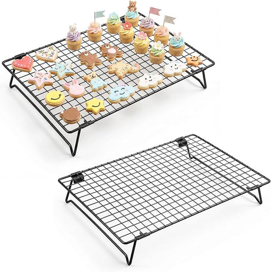 Kifmurase 2PCS Stackable Cooling Rack for Baking, 13.3 x 9.3 Inch Carbon Steel Wire Rack with Folding Legs for Cookie Cake Pizza Jerky, Multi-Use Bread Oven Racks for Cooking Roasting Drying Grilling