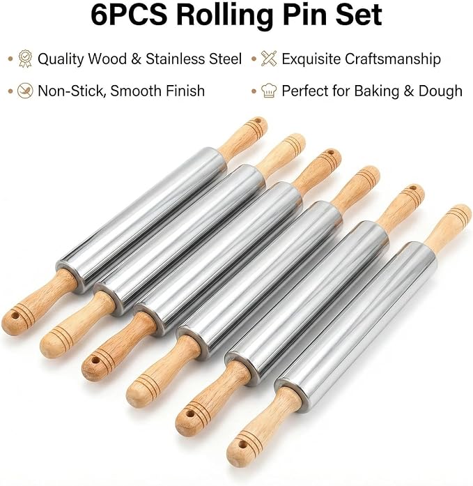 FOLAI 6-Piece Stainless Steel Rolling Pin Set with Wooden Handle, 18.9 x 1.96 inch, Non-Stick Surface, Children's Rolling Pin, for Baking Cakes, Pizza, Fondant, Cookies