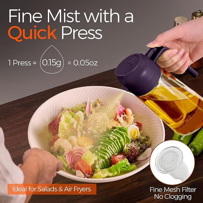 YARRAMATE 16 oz 2-in-1 Glass Olive Oil Sprayer for Cooking, Purple | Food-grade dispenser bottle, 470 ml, spray and pour, portion control, stickers included, for salad, frying and BBQ