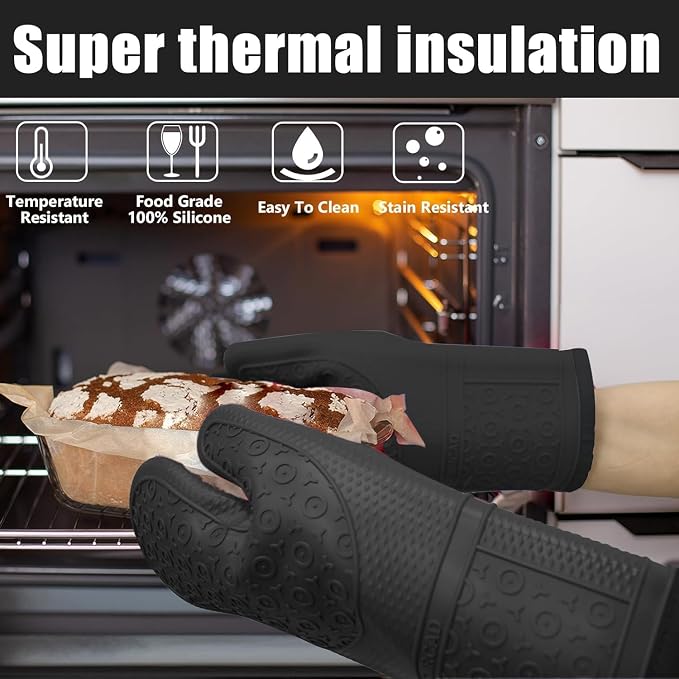 Oven Mitts with Heat-Resistant Hot Pads and Five Silicone Spatulas Designed for Kitchen Baking Cooking, Oven Glove Soft Cotton Lining, Waterproof, BPA-Free (Gun Black)
