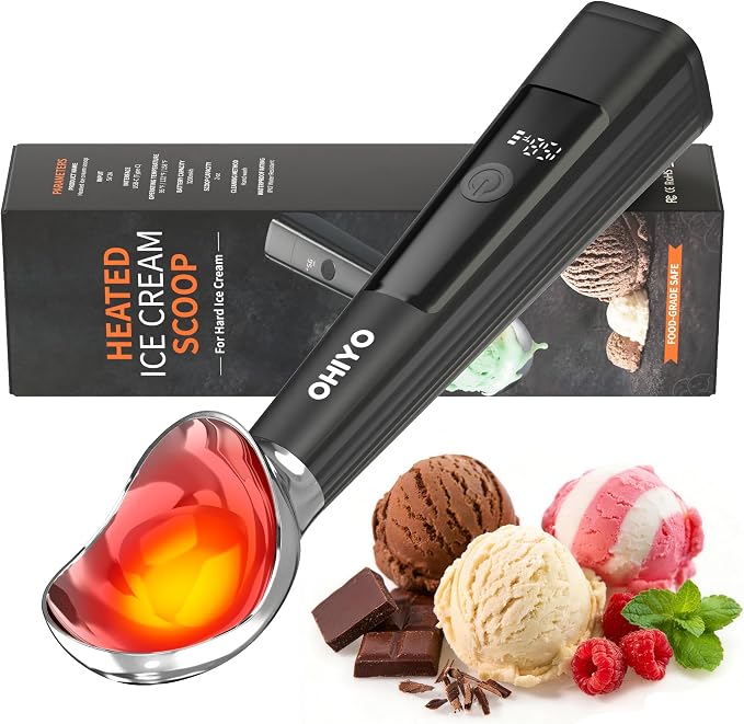 Heated Ice Cream Scoop Rechargeable, OHIYO Electric Icecream Scooper with 3 Temperature, LED Display & 3200mAh Fast Heating Scoop for Hard Ice Cream, Gelato, Frozen Yogurt & Sorbet (Black)