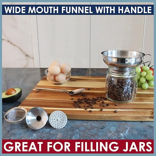 KEISSCO Stainless Steel 4-Piece Funnel and Strainer Set - Canning Funnel for Wide and Regular Mason Jars, Transferring Oils, Liquid, Fluid, Dry Ingredients & Powder, Wide & Narrow Mouth with Filter