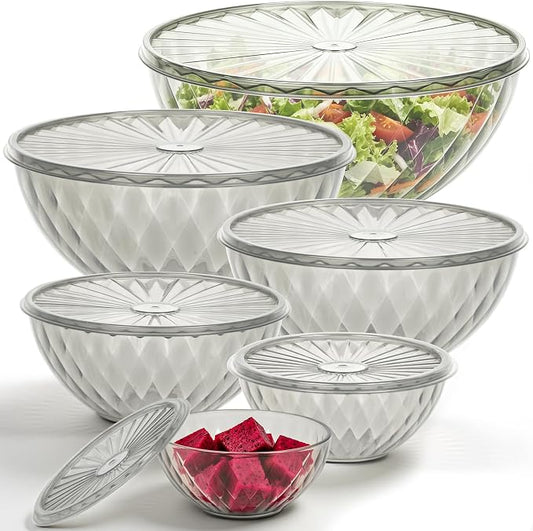 Plastic Mixing Bowls with Lids, 6 Piece Nesting Bowls Set for Kitchen | One-Press Lids, Meal Prep, Salad Mixing, Serving, Storing, Dishwasher & Microwave Safe, 5.3/3.2/1.9/1.2/ 0.6/0.3 QT