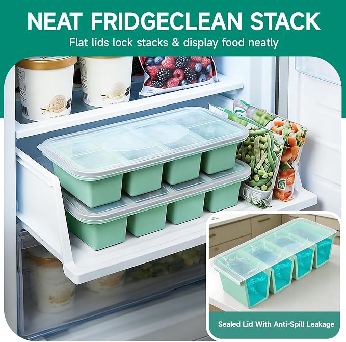 Tvmania 2-Pack Silicone Freezer Tray with Lid - 1 Cup / 4 Compartment Soup Freezer Container for Broth, Sauce & Meal Prep - Large Ice Cube Tray for Whiskey - Stackable, Easy Release, Oven Safe