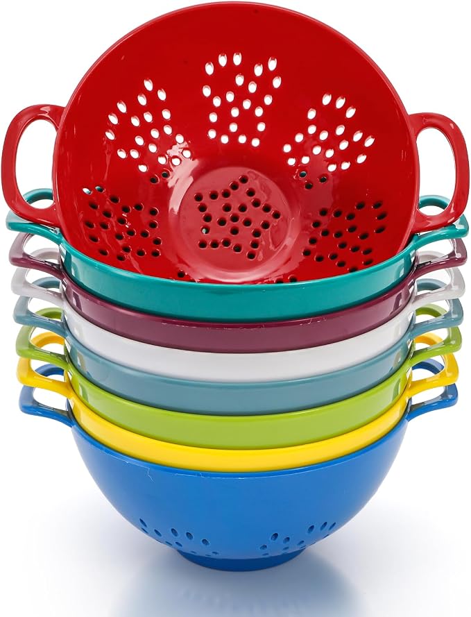 Noamus 8 Pack Mini Colander for Kitchen, 6 Inch Plastic Berry Bowl with Double Handles, Small Compact Food Strainers, Perforated Round Fruits Basket for Vegetables Pasta, BPA-Free, Food-Safe(8 Colors)