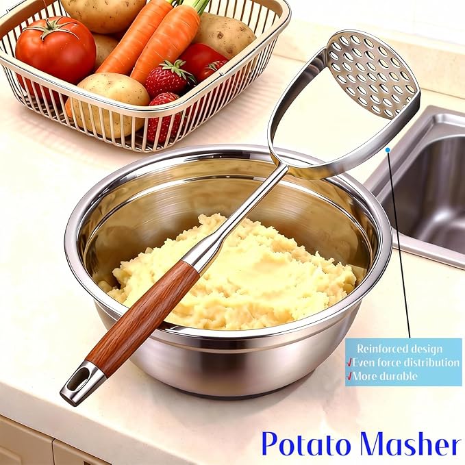 Potato Masher Stainless Steel, 14 Inch Potato Smasher - Kitchen Essential for Mashed Potatoes, Pumpkin, Carrots, Avocado & Fruits, Heavy Duty Metal Mashing Utensil (Wooden handle Masher)