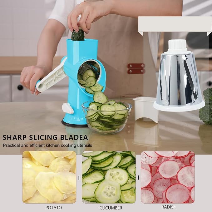 Rotary Cheese Grater with Handle-Versatile Cheese Grater Non-Slip Suction Base,Cheese Shredder & Food Slicer for Cheese,Carrots, Cucumbers,Nuts-Compact & Easy Clean Kitchen Kitchen Tool (dark blue)