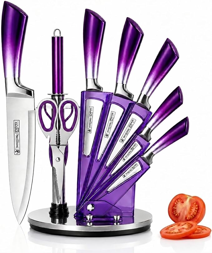 Kitchen Knife Set, 9Pcs Purple Knife Set with Acrylic Block, Ergonomical Handle,Non Stick Sharp Stainless Steel Chef Knife Block Set for Home Cooking Gift