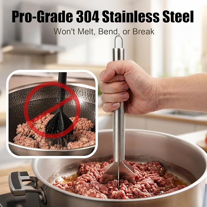 Stainless Steel Meat Masher, 6-Blade Ground Beef Chopper Tool with Hanging Loop for Hamburger, Potato,Vegetable Puree