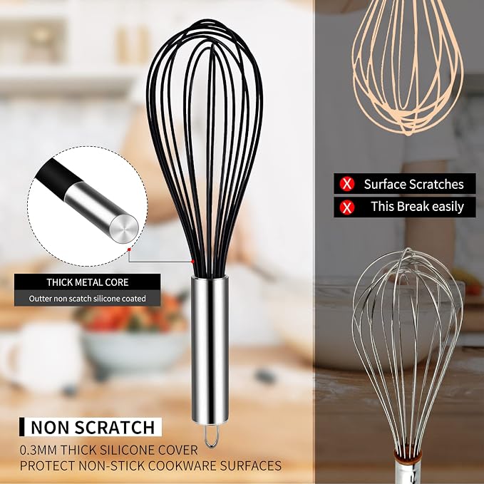 TEEVEA Silicone Whisk Set Non Scratch BPA Free for Nonstick Cookware, 3 Piece 8/10/12 Inch Stainless Steel Core Heat Resistant, Egg Beater for Cooking Baking, Black