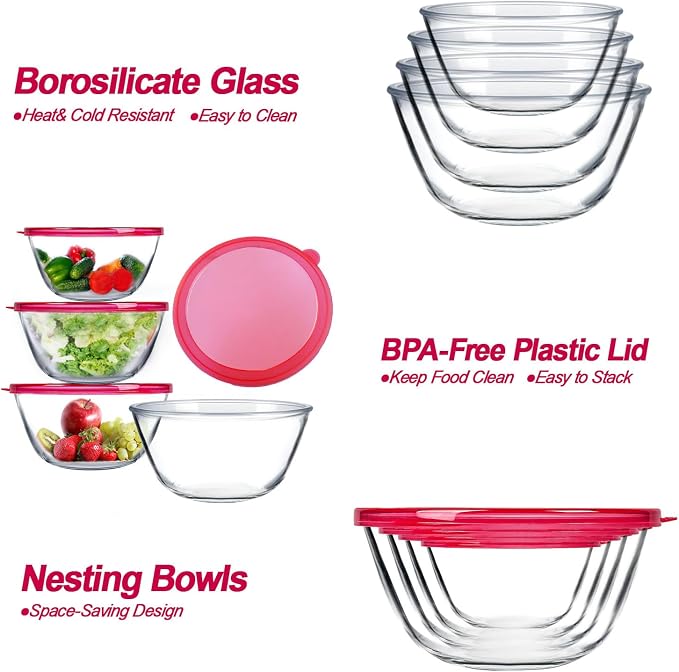 4 Pack Glass Mixing Bowls Set with Lids (4.8QT, 2.9QT, 1.7QT, 0.8QT) | Glass Nesting Bowls for Kitchen Baking, Cooking and Serving, Oven, Dishwasher, Freezer, and Microwave Safe