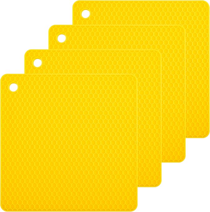 Silicone Trivets Mats, Yellow Silicone Hot Pads for Pot Holder, Square Trivets for Hot Dishes, Pots and Pans, Multi Purpose Hot Pads for Kitchen Counter, Non Slip Heat Resistant Mats Set 4