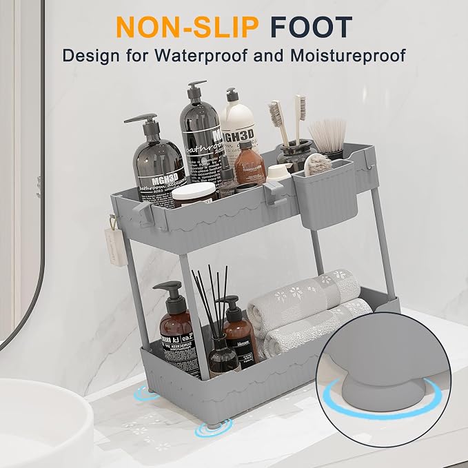 2-Pack Under Sink Organizer with Hooks & Hanging Cup for Kitchen | Multi-use kitchen & bathroom storage, 12.8 inch grey cabinet organizer, with hooks and hanging cup for easy access.