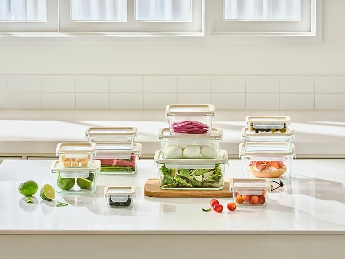 Glasslock Sens 24Pcs Glass Food Storage Set – Airtight & Leakproof, 8 Different Sizes, Anti Slip Lid, Microwave & Oven Safe, Meal prep, Lunch Box, Nestable & Stackable, Pantry Storage
