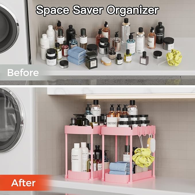 2 Packs Under Sink Pull-Out Storage Organizers, 12.8 Inches, Pink | Multi-Purpose Cabinet Organizers and Storage for Bathroom & Kitchen