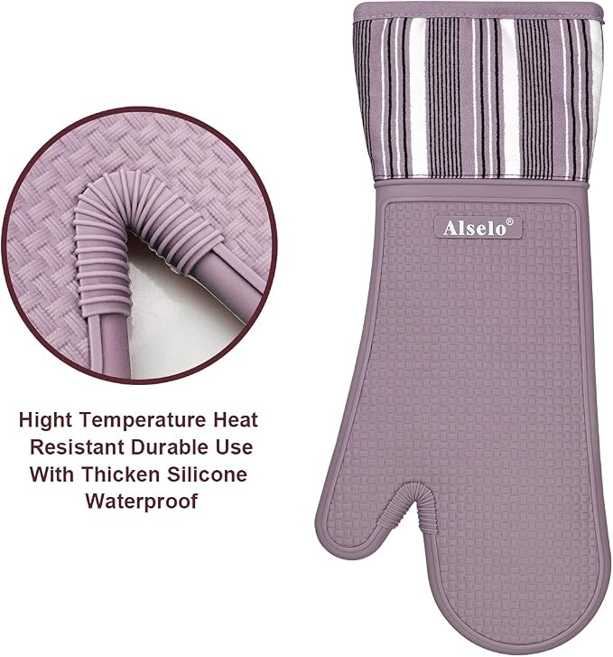 Alselo Silicone Oven Mitts Heat Resistant 550 Degree Extra Long Kitchen Gloves Pot Holders with Waterproof and Non-Silp for Baking Cooking Barbecue Microwave Machine Washable (Extra Long Purple, 2)
