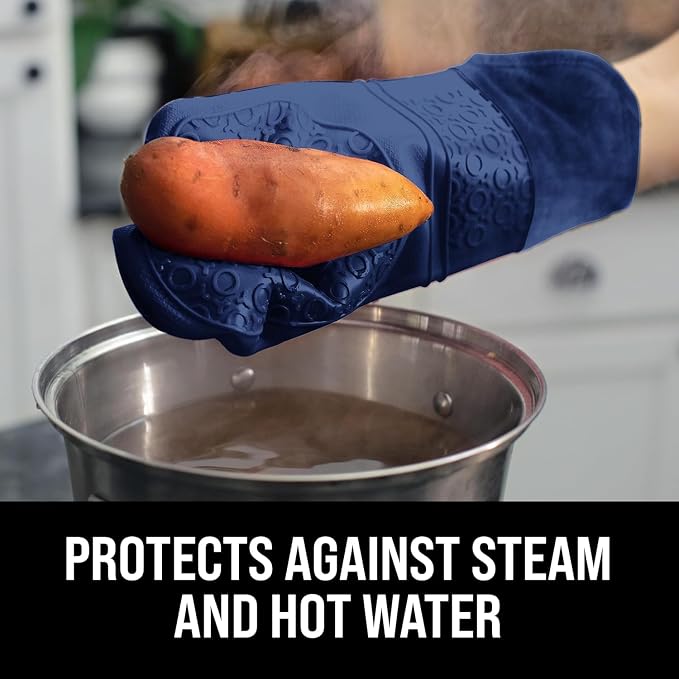 BPA-Free Soft Silicone Oven Mitts - Ultra Heat Resistant Oven Mitts with Thick Cotton Liner - Extra Long Slip Resistant Pot Holders, Flexible Oven Gloves - Navy 14.7"