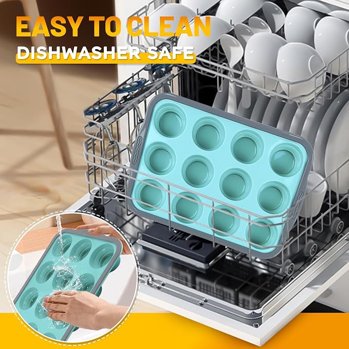 Silicone Muffin Pan, 12 Cups Non-Stick Cupcake Pan, Food-Grade BPA-Free Muffin Tin, Oven-Safe 450 °F, Reinforced Steel Frame, Easy-Grab Handles, Quick-Release 2.3" Baking Molds for Mini Treats