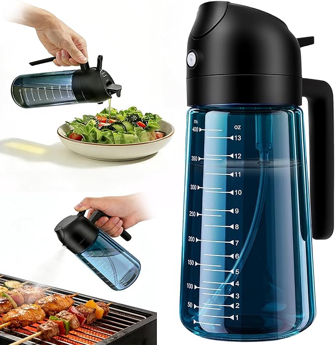 Glass Olive Oil Sprayer for Cooking (16oz/470ml), 2 in 1 Olive Oil Dispenser Bottle for Kitchen Gadgets and Air Fryer Accessories, Salad, BBQ - 1-Pack, Blue Black