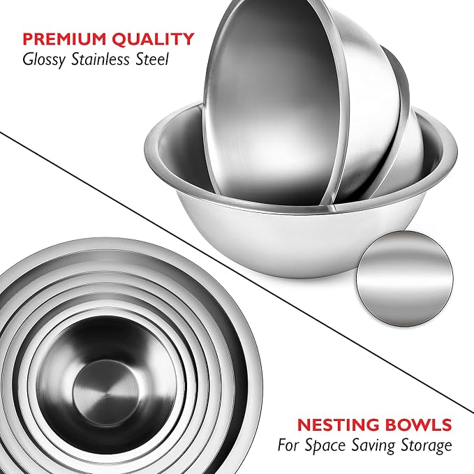EATEX Stainless Steel Mixing Bowls with Measuring Cups & Spoons Set of 14 - Dishwasher Safe Nesting Mixing Bowl Set for Cooking, Baking & Meal Prep Non-Slip Premium Bowls