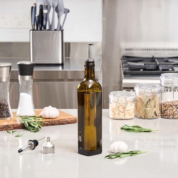 Restaurantware-Chef 101 16.9 Ounce Olive Oil Dispenser, 1 Kitchen Oil Dispenser Bottle - With Stainless Steel Pourer, Non-Leaking, Amber Glass Pourer, For Cooking Or Salad Dressings