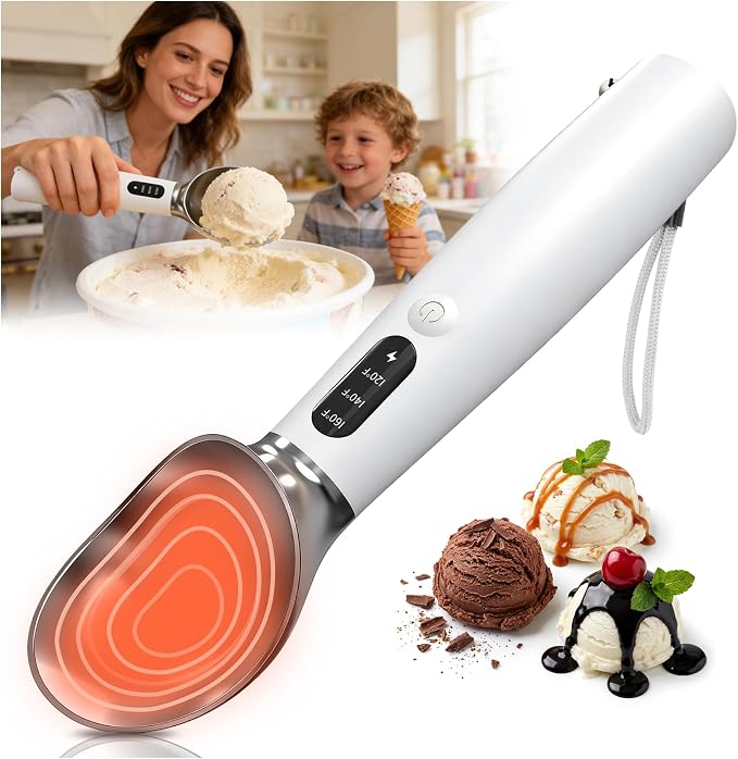 Heated Ice Cream Scoop - 3 Temp Settings Electric Warming Scooper, Rechargeable USB-C Fast Charge with LED Display, IP67 Waterproof Head for Hard Ice Cream/Gelato, Easy to Clean - White