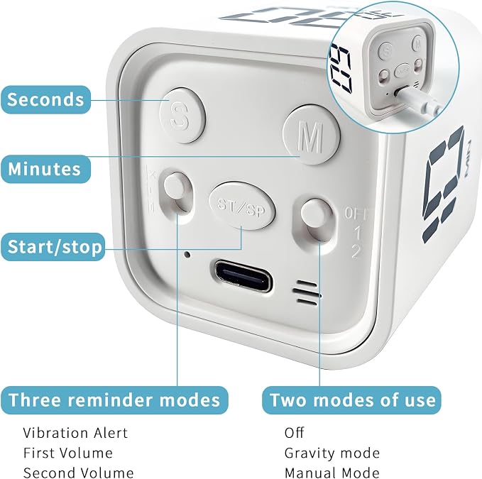 Qumox Pomodoro Timer, Cube Productivity Timer with Adjustable Sound and Vibration Alert, Ideal for Work, Office, ADHD, Study, and Tasks - 5/10/30/60 Minutes & Custom Countdown - White