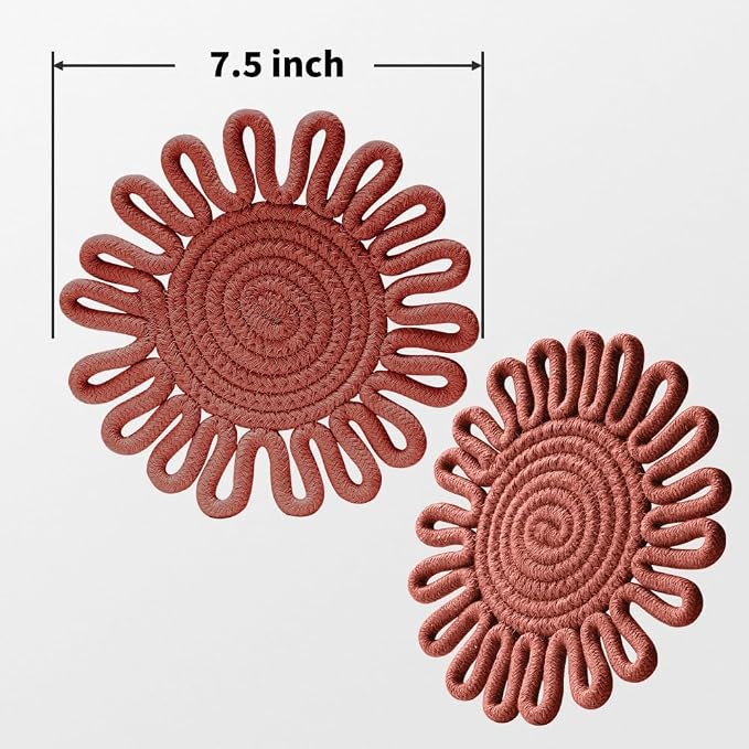 Kitchen Trivets for Hot Dishes Potholders for Countertop Hot Pads Hot Mats or Trivets for Hot Pots and Pans Home Essentials Boho Farmhouse Kitchen Decor Set of 3, 100% Cotton,7.5" (Brick-Red)