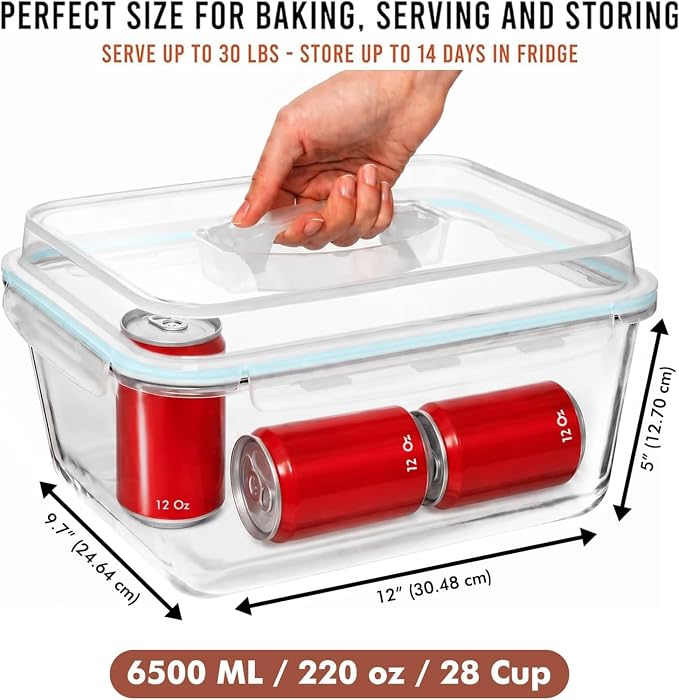 6500 ML / 220 oz / 28 Cup LARGE Glass Food Storage Container with Airtight Locking Lid. Ideal Storing food, Vegetables, Fruits. Baking Casserole, Lasagna, Roasting Turkey, Chicken BPA Free Oven Safe