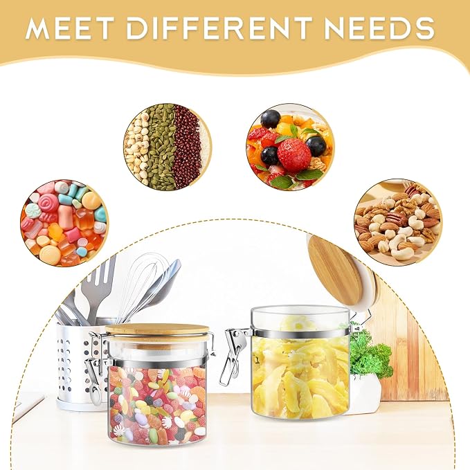 2 Pcs 700ml/23oz Clear Glass Jars Airtight Storage Jars Locking Glass Container Jar with Clamp Bamboo Lids for Home Kitchen Food Coffee Tea Pantry Storage