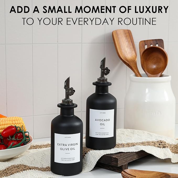 HOMCDALY Olive Oil Dispenser for Kitchen, 12oz Glass Kitchen Dispenser Bottle, Black Oil&Vinegar Cruet Set, Leakproof Olive Oil Bottles | Set of 2 (12oz – Black)