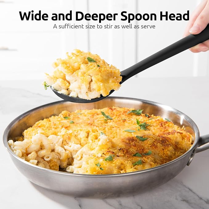 600ºF Heat Resistant Slotted Spoon: U-Taste 13.3in Solid Kitchen Cooking Spoon, Nonstick Food Grade Large & Long Rubber Utensil for Mixing, Serving, Stirring, Basting, Frying, Draining (Black)
