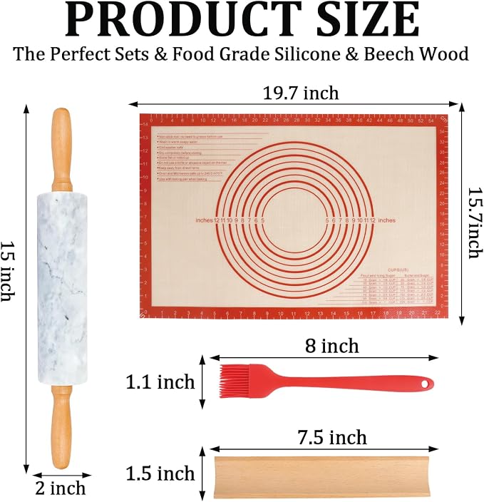 3Pcs Marble Rolling Pin Sets,15Inch Marble Pastry Dough Roller with Wooden Handle,Silicone Mat,Cradle and Brush, Non Stick Surface Rolling Pins for Dough Cookie Baking Supplies Kitchen Accessories
