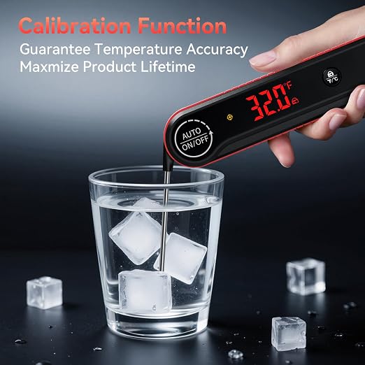 0.3s Ultra‑Fast Instant Read Meat Thermometer, IP67 Waterproof Food Thermometer with Rotating Display & Calibration Function for Grill BBQ Frying Kitchen Cooking(Red)